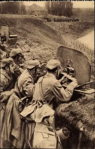 Ak Schützengraben, deutsche Soldaten mit Maschinengewehr, 1. WK