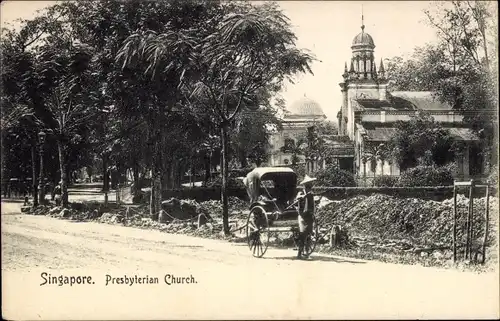 Ak Singapur, Presbyterian Church, Kirche, Rikscha