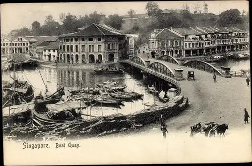 Ak Singapur Singapur, Hafenpartie mit Brücke