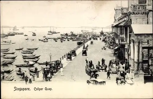 Ak Singapur, Collyer Quay, Boote, Kutschen, Häuser
