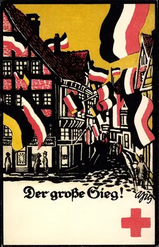 Künstler Ak Der große Sieg, Rotes Kreuz, Fahnen