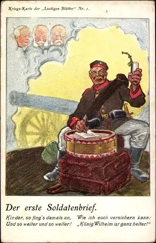 Künstler Ak Der erste Soldatenbrief, Wie ich euch versichern kann, König Wilhelm ist ganz heiter