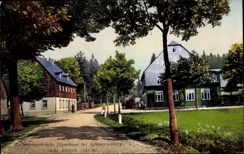 Ak Jägerhaus Bermsgrün Schwarzenberg im Erzgebirge, Gasthaus, Straßenpartie