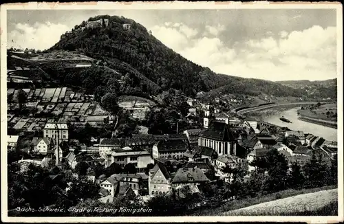 Ak Königstein an der Elbe Sächsische Schweiz, Stadt Panorama und Festung