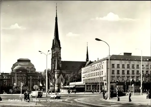 Ak Karl Marx Stadt Chemnitz in Sachsen, Opernhaus, Kirche, Passanten