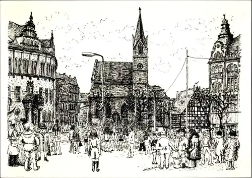 Künstler Ak Erfurt in Thüringen, Anger mit Kaufmannskirche, Passanten