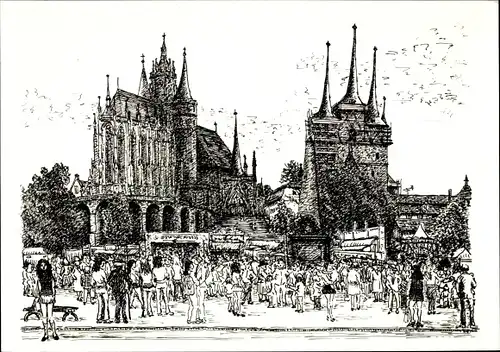 Künstler Ak Erfurt in Thüringen, Domplatz mit Dom und Severikirche, Passanten