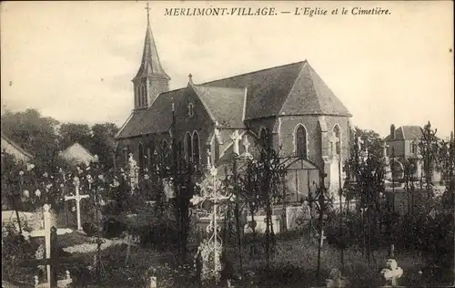 Ak Merlimont Village Pas de Calais, Die Kirche und der Friedhof