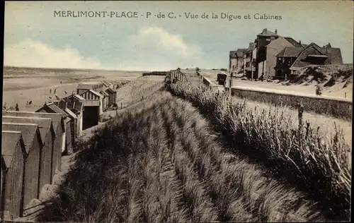 Ak Merlimont Plage Pas de Calais, Blick auf den Digue und die Hütten