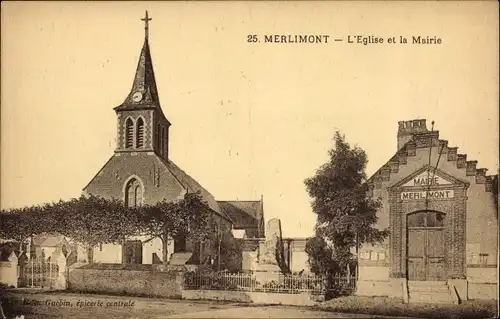 Ak Merlimont Pas de Calais, Die Kirche und das Rathaus