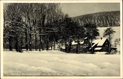 Ak Geising Altenberg im Erzgebirge, Hartmannmühle Jägerhof, Winter