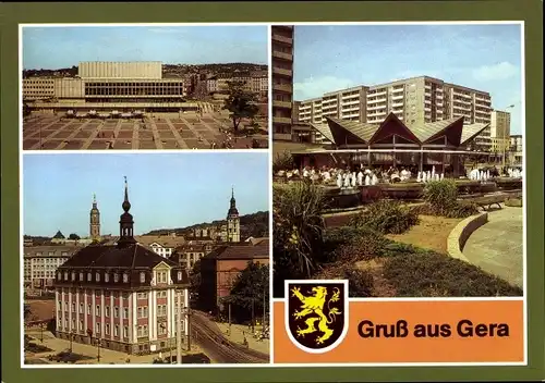 Ak Gera in Thüringen, Blick zum Kulturpalast, Museum der Stadt, Blick zum Café Rendezvous, Wappen