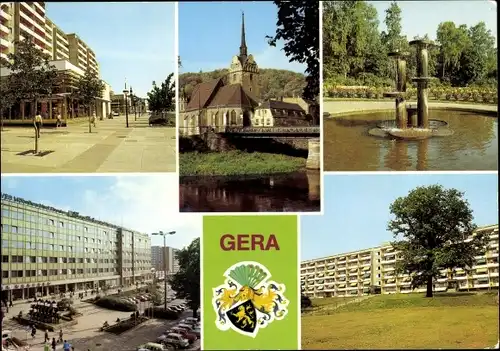 Ak Gera in Thüringen, Dr.-Rudolf-Breitscheid-Straße, Marienkirche, Springbrunnen mit Dahliengarten