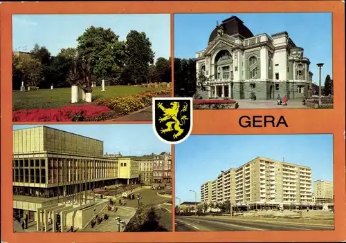 Ak Gera in Thüringen, Park der Opfer des Faschismus, Theater, Haus der Kultur, Wappen