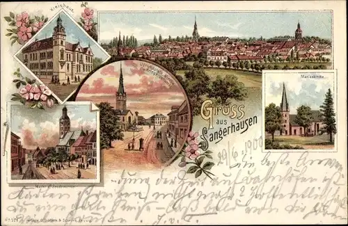 Litho Sangerhausen am Südharz, Totale, Kreishaus, Markt, Marienkirche