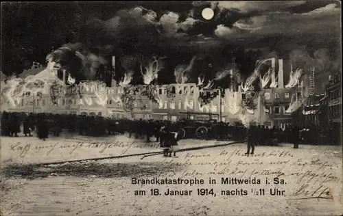 Mondschein Ak Mittweida in Sachsen, Brandkatastrophe 1914