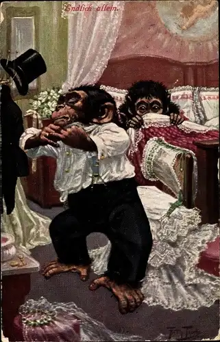 Künstler Ak Thiele, Arthur, Vermenschlichte Schimpansen, Affen, Mann zieht sich aus