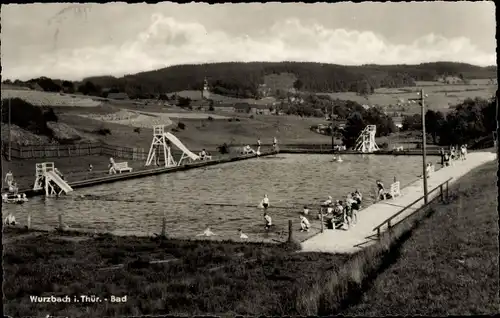 Ak Wurzbach in Thüringen, Bad, Badegäste, Rutsche, Sprungturm, Panorama