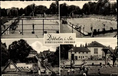 Ak Döbeln in Sachsen, Städtisches Freibad, Badegäste, Rutsche, Sprungturm