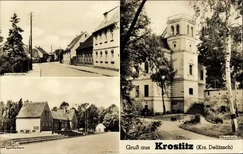 Ak Krostitz in Sachsen, Sportlerheim, Oberschule, Bahnhofstraße