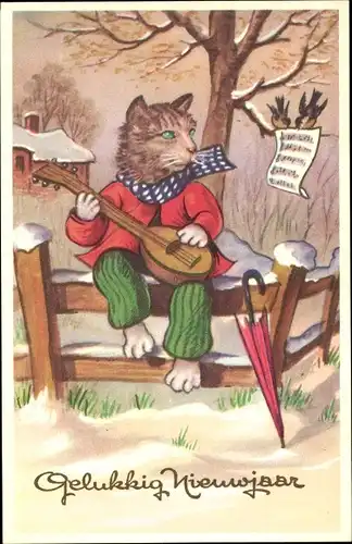 Ak Glückwunsch Neujahr, Vermenschlichte Katze mit Mandoline