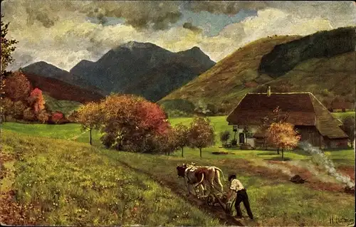Künstler Ak Hoffmann, H., Mann mit Ochsenpflug auf dem Feld, Untermünstertal mit dem Belchen