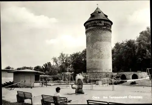 Ak Gera in Thüringen, Terrassencafe Osterstein, Turm, Spielplatz