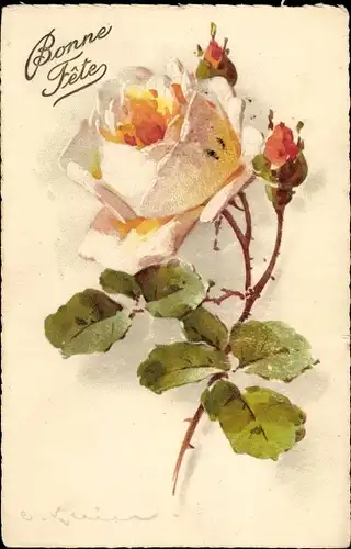 Künstler Ak Klein, Catharina, Rose, Blüte und Knospen, Glückwunsch