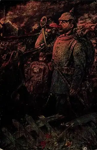 Künstler Ak Soldat in Uniform mit Trompete, Wohlfahrtskarte Kriegsblindenstiftung