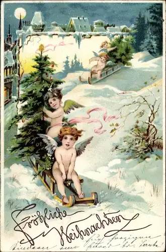 Litho Frohe Weihnachten, Engel auf Schlitten, Tannenbaum