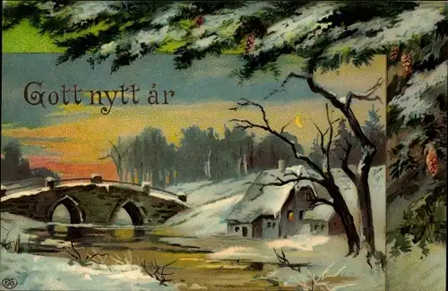 Ak Glückwunsch Neujahr, Winterlandschaft, Brücke