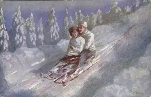 Künstler Ak Paar auf einem Schlitten bei der Abfahrt