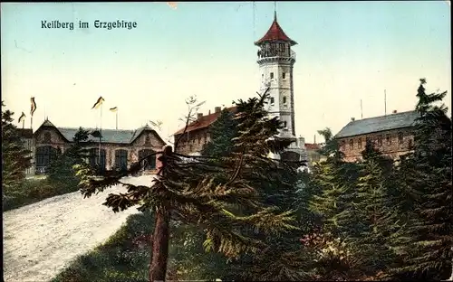 Ak Klínovec Keilberg Erzgebirge Reg. Karlsbad, Aussichtsturm, Bergbaude