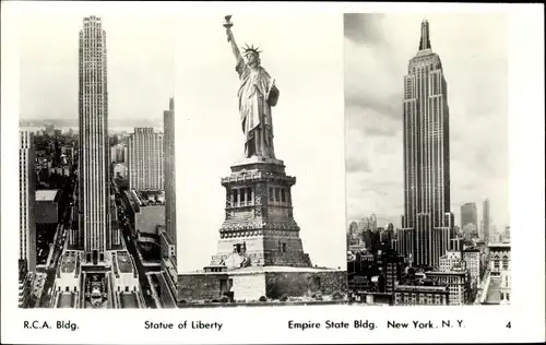 Ak New York City USA, RCA Bldg., Freiheitsstatue, Empire State Bldg.