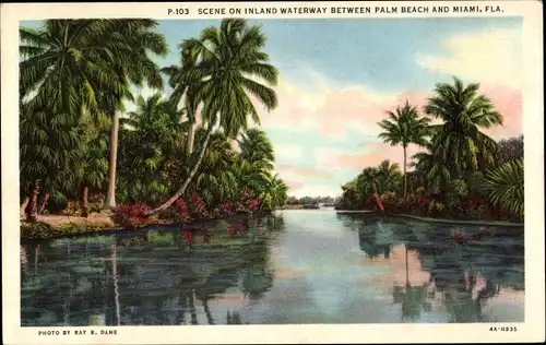 Ak Miami Beach Florida USA, Szene auf der Binnenschifffahrt zwischen Palm Beach und Miami
