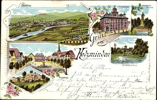 Litho Holzminden an der Weser, Postgebäude, Haarmannsdenkmal, Marktplatz, Stadtpark, mittlerer Teich