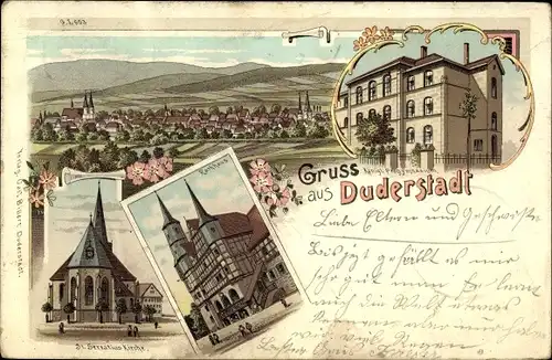 Litho Duderstadt im Eichsfeld, St Servatius Kirche, Rathaus, Kgl. Progymnasium, Panorama