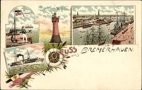 Litho Bremerhaven, Hafen, Leuchtturm Roter Sand, Dampfer Najade, Seebäderschiff