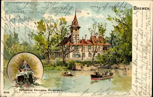 Litho Hansestadt Bremen, Kaffeehaus Emmasee, Bürgerpark, Boote