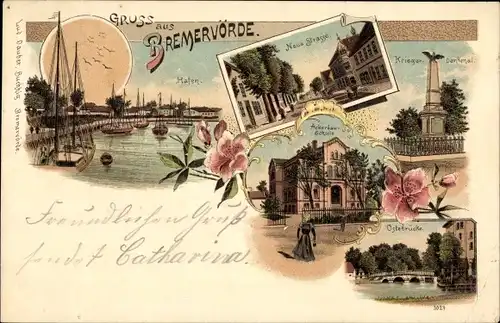 Litho Bremervörde, Hafen, Neue Straße, Ackerbauschule, Ostebrücke, Kriegerdenkmal