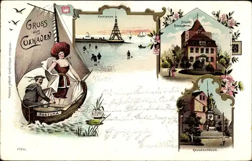 Litho Nordseebad Cuxhaven, Kugelbaake, Schloss Ritzebüttel, Kriegerdenkmal, Segelboot Fortuna
