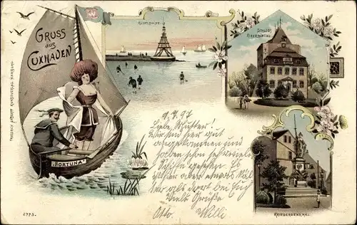 Litho Nordseebad Cuxhaven, Kugelbaake, Schloss Ritzebüttel, Kriegerdenkmal, Segelboot Fortuna