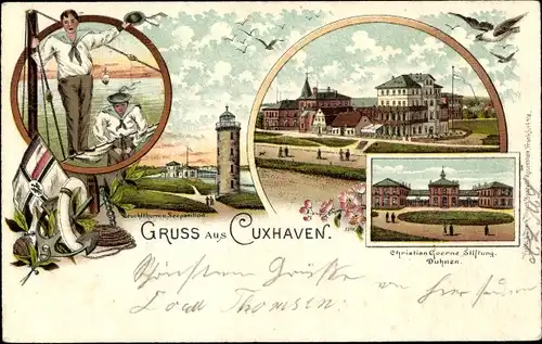 Litho Nordseebad Cuxhaven, Leuchtturm, Seepavillon, Christian Goerne Stiftung Duhnen, Matrosen