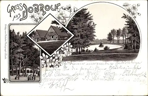 Litho Dobrock Wingst in Niedersachsen, Gasthaus, Teich, Fachwerkhaus