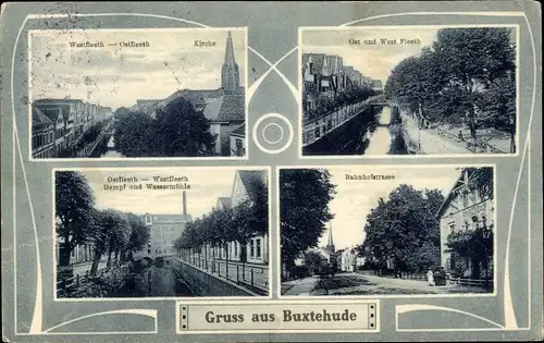 Passepartout Ak Buxtehude, Westfleeth, Ostfleeth, Kirche, Dampf- und Wassermühle, Bahnhofstraße