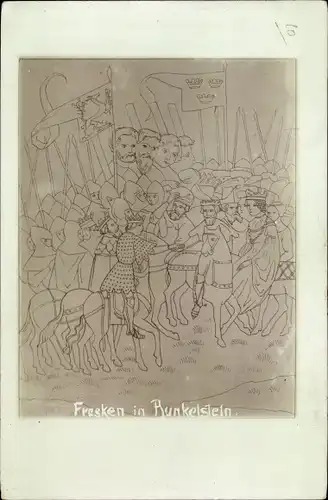 Ak Südtirol, Fresken in Bunkelstein, Ritter zu Pferden, Fahnen