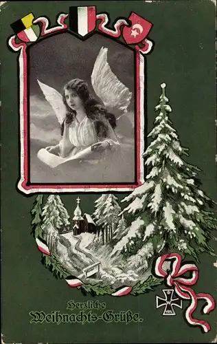 Passepartout Ak Frohe Weihnachten, Engel, Tannenbaum, Eisernes Kreuz
