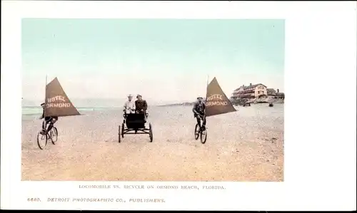 Ak Ormond Beach Florida, locomobile vs. bicycle on Ormond Beach