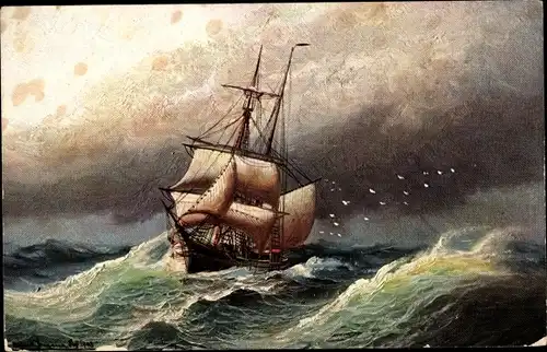 Künstler Ak Jensen, Segelschiff im Sturm auf dem Meer