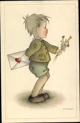 Künstler Ak Probst, F., Junge mit Brief und Blumenstrauß